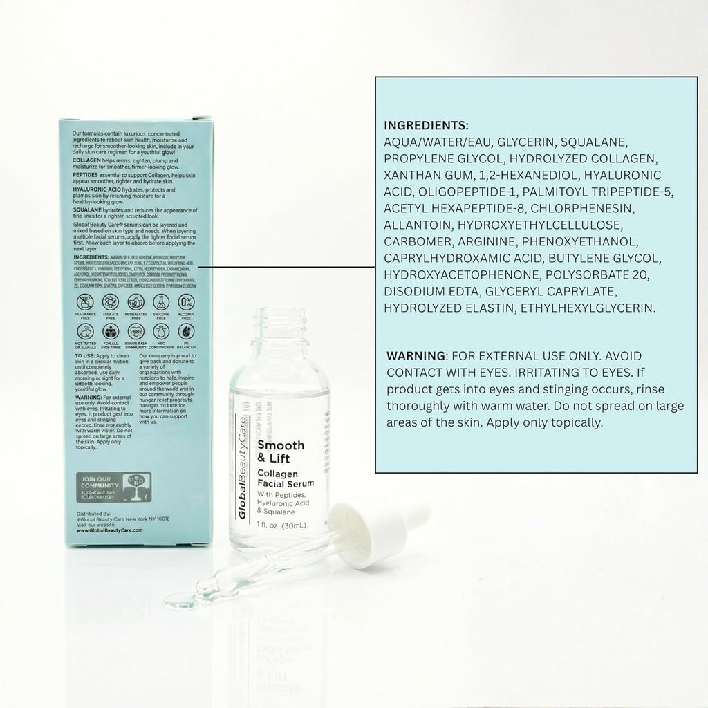 Collagen Facial Serum for Hydration and Firmness with Peptides, Hyaluronic Acid, and Squalane - Fast-Absorbing Formula, 1 Fl Oz (1-Pack)